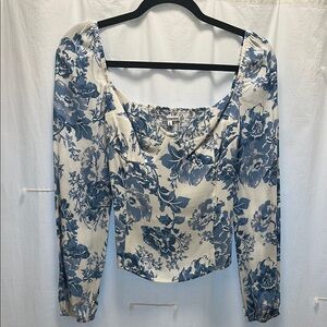 Reformation Reign Blouse: Blue and White Long Sleeve